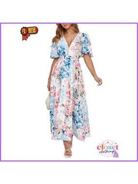 Women's Floral Maxi Dress V-Neck Short Sleeve Elastic Waist Casual Summer